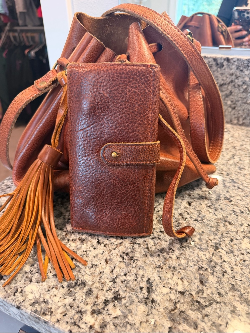 Portland Leather Brown Leather Drawstring Bucket Bag with Tassel & Wallet